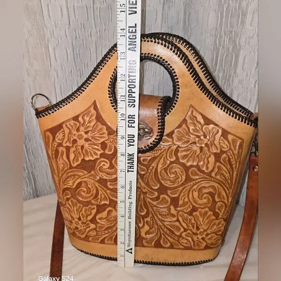 Vintage tooled leather Med. bag 14" - Picture 6 of 16